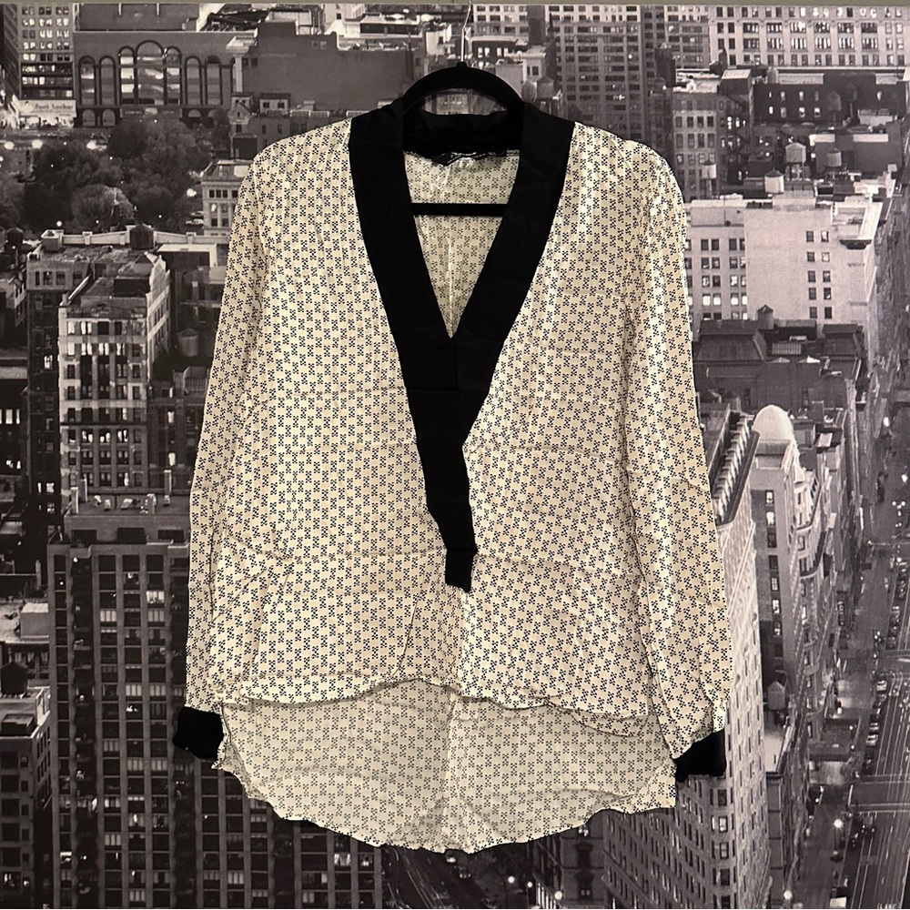 Zara Black and Cream Patterned Blouse